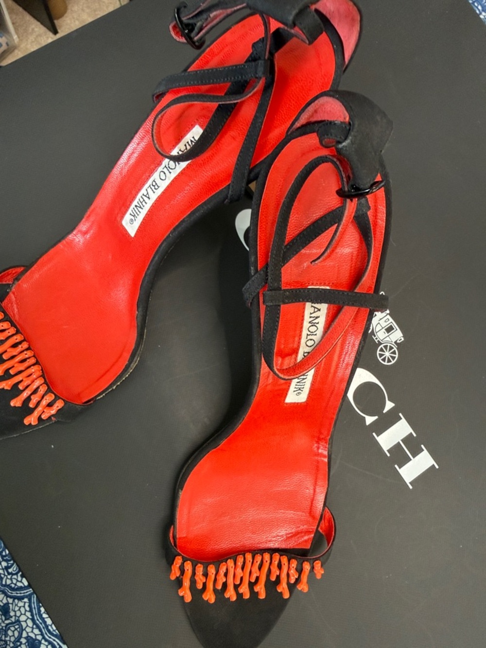 Manolo Blahnik Black with Red Insole and Orange Fringe Strappy Heel